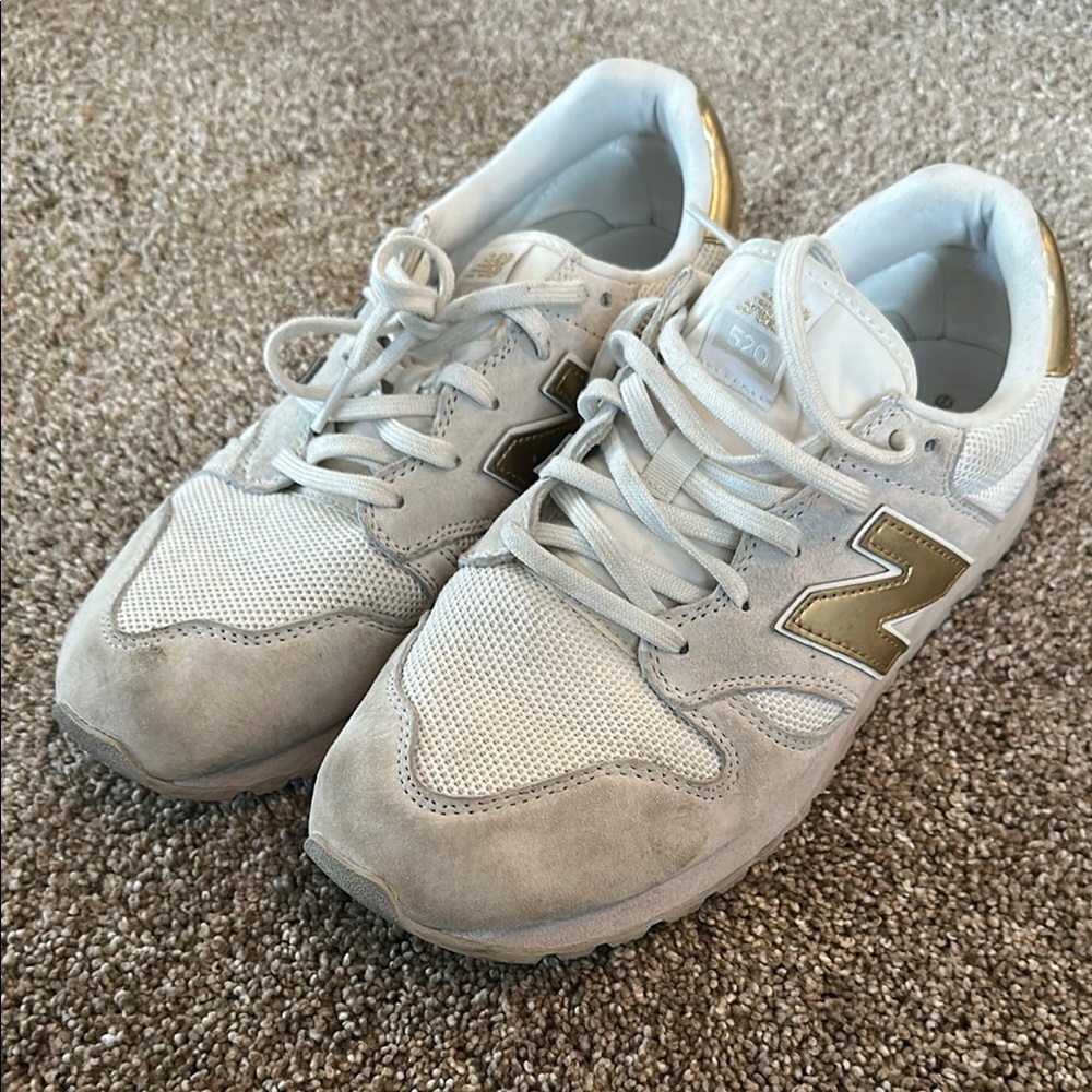 New Balance White Gold Athletic Sneakers Suede Mesh